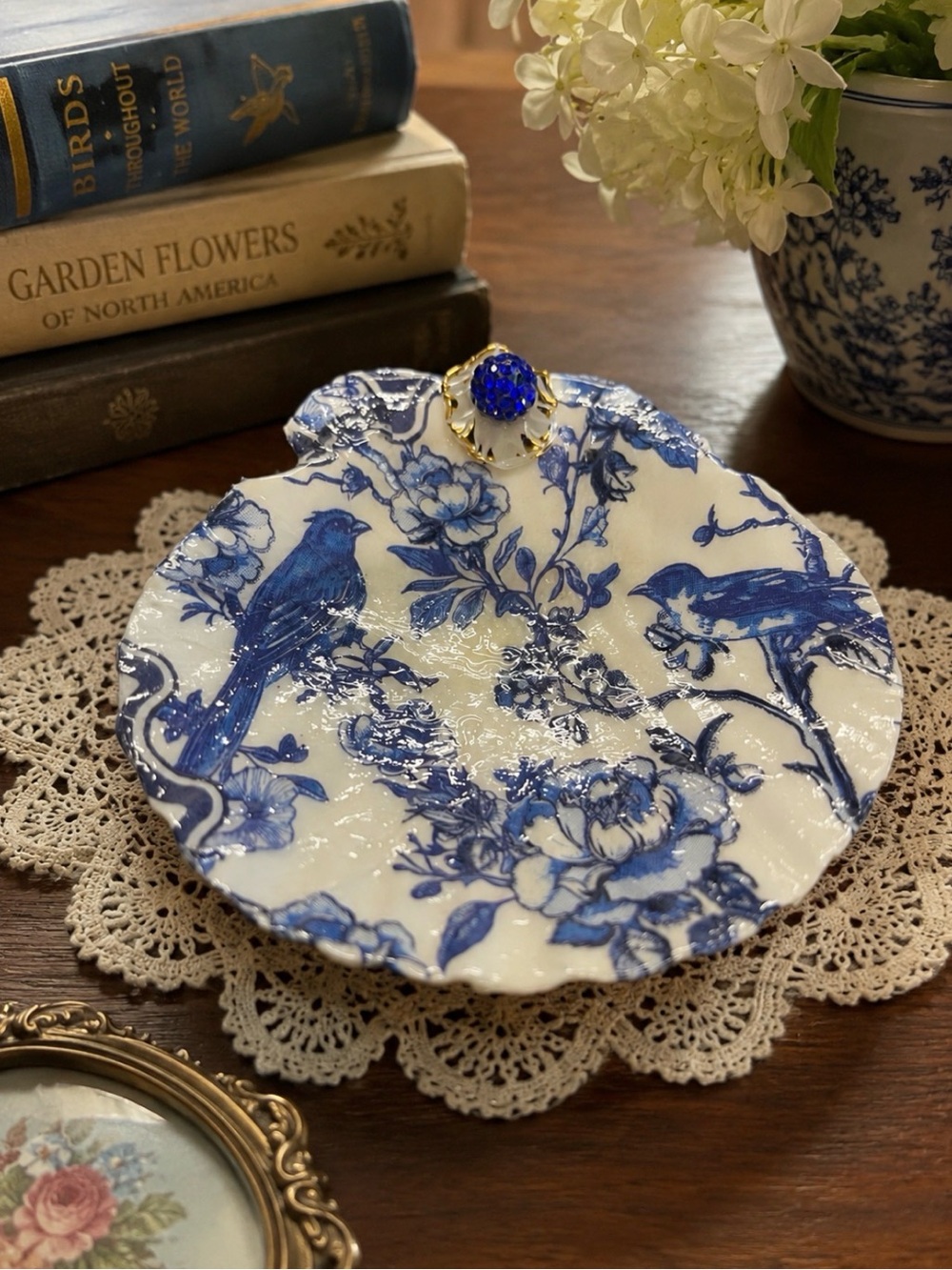 Blue and White Bird Floral Handmade Decoupaged Seashell Trinket Dish/Decor